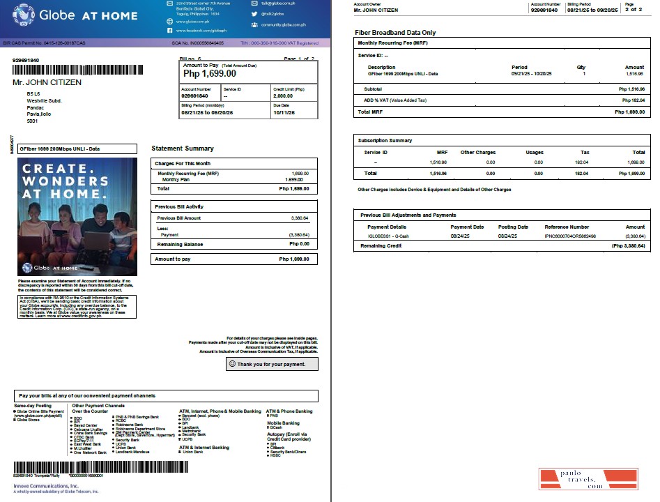 Philippines Globe myBusiness utility bill template in Word and PDF formats, 2 pages, version 2
